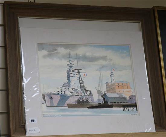 F.Patterson, 2 watercolours, HMS Rodney and Scalby Wyke, largest 34 x 45cm, one unframed